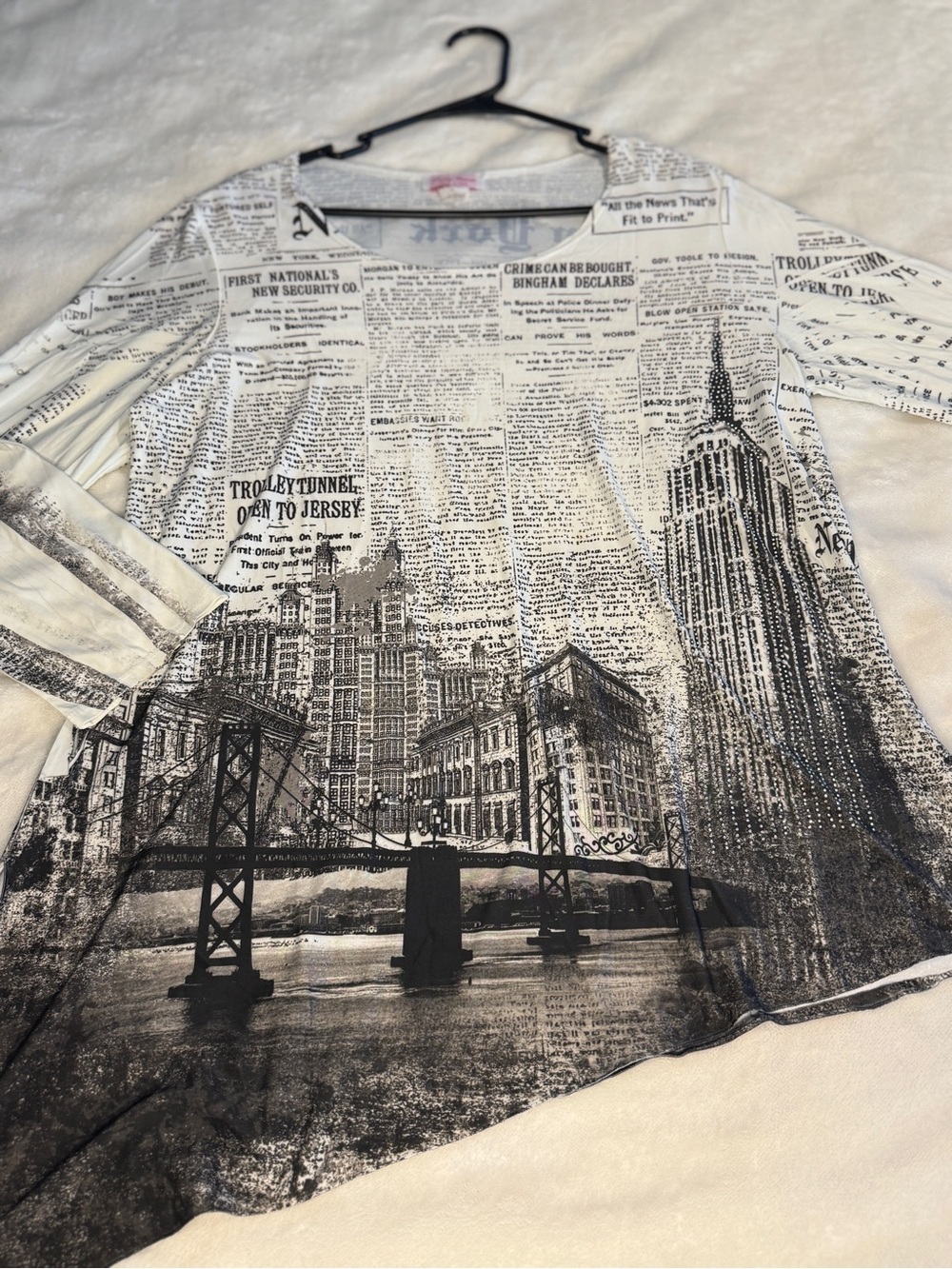 Vintage Y2K Newspaper Print Top - New York City Skyline Rhinestone Empire State